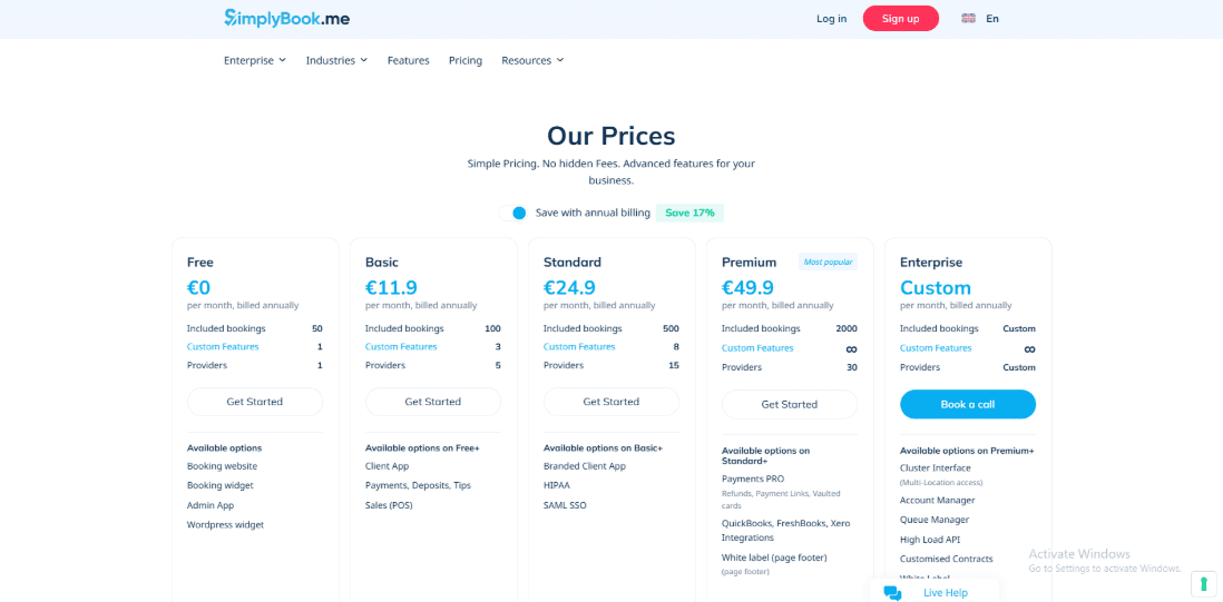 latest pricing of simplybook
