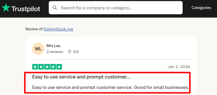 SimplyBook Trustpilot support review