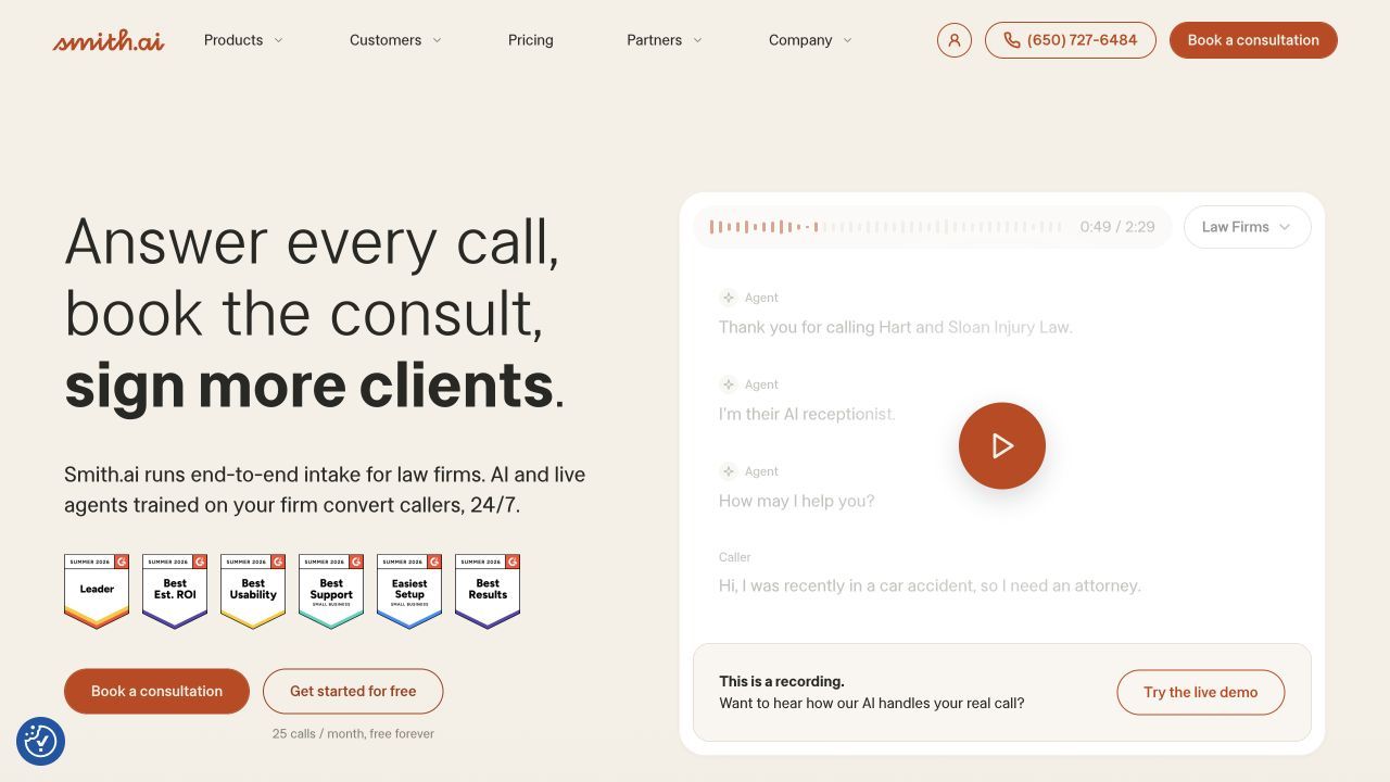 Smith.ai product page for businesses comparing AI receptionists with call routing