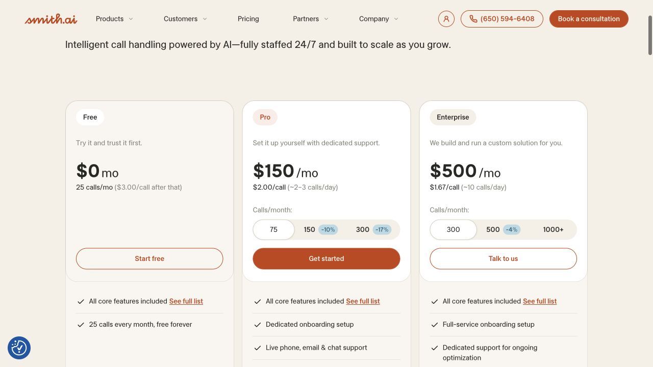 Smith.ai pricing and usage allowances for AI receptionists with call routing