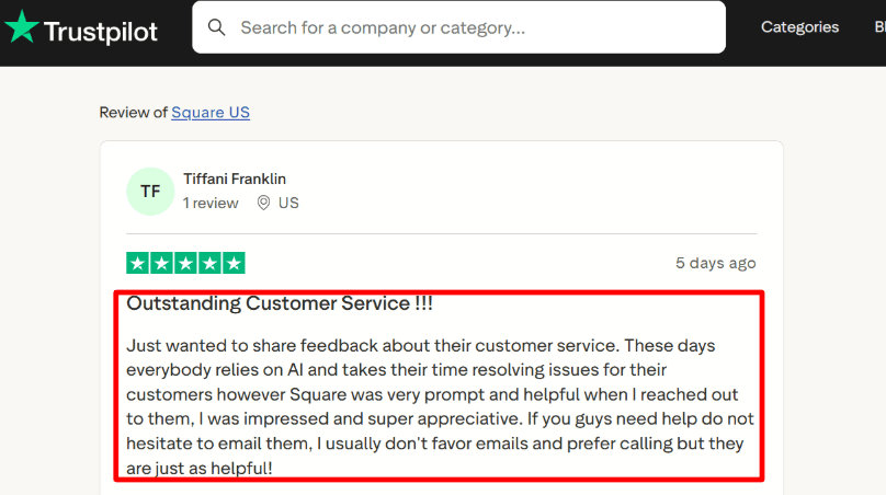 Trustpilot praise for Square email