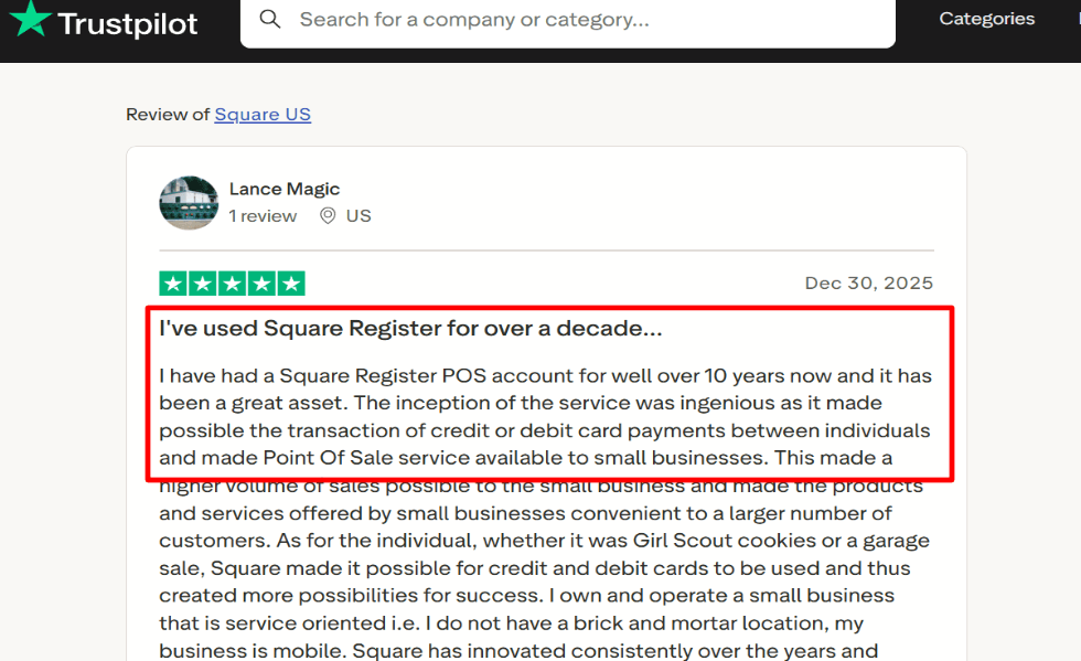 Trustpilot note on Square ecosystem