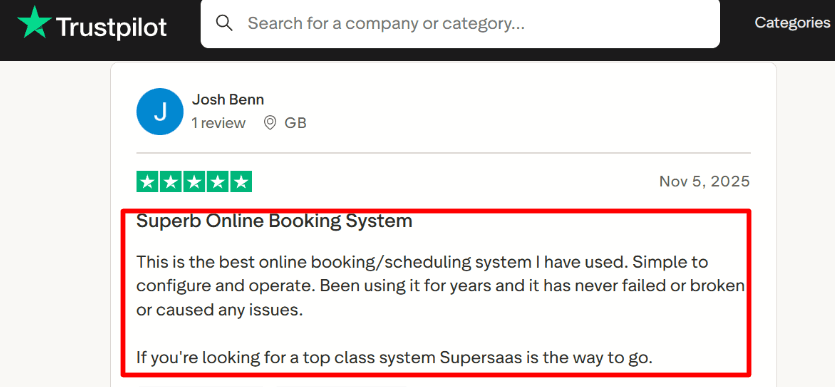 Trustpilot review of SuperSaaS reliability