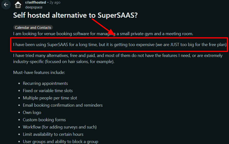 SuperSaaS Reddit cost complaint