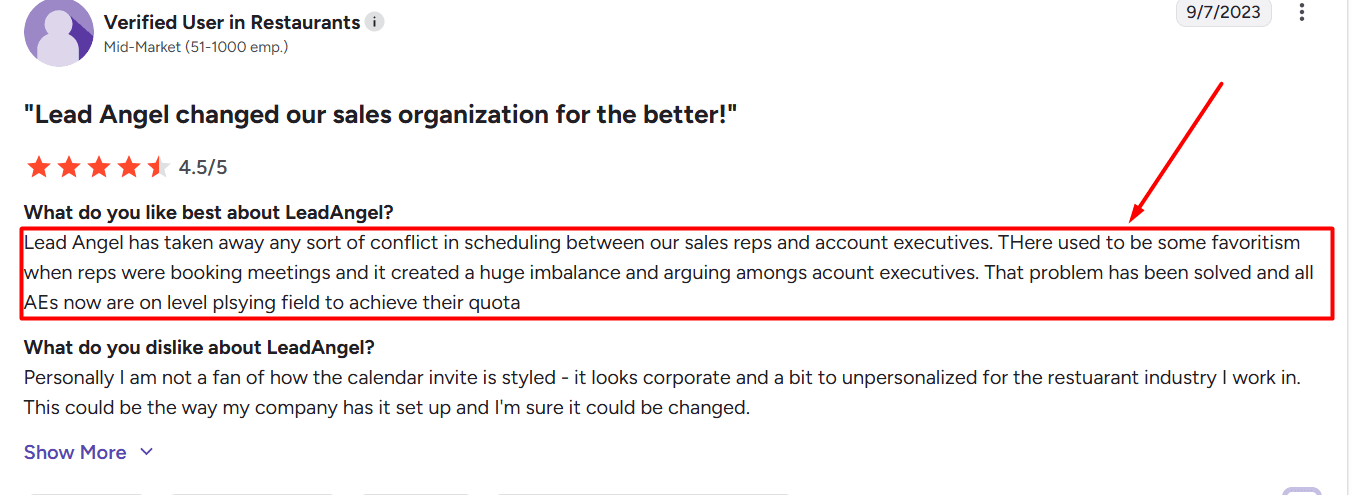 LeadAngel G2 review screenshot