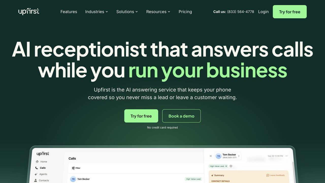Upfirst product page for businesses comparing AI receptionists with call routing