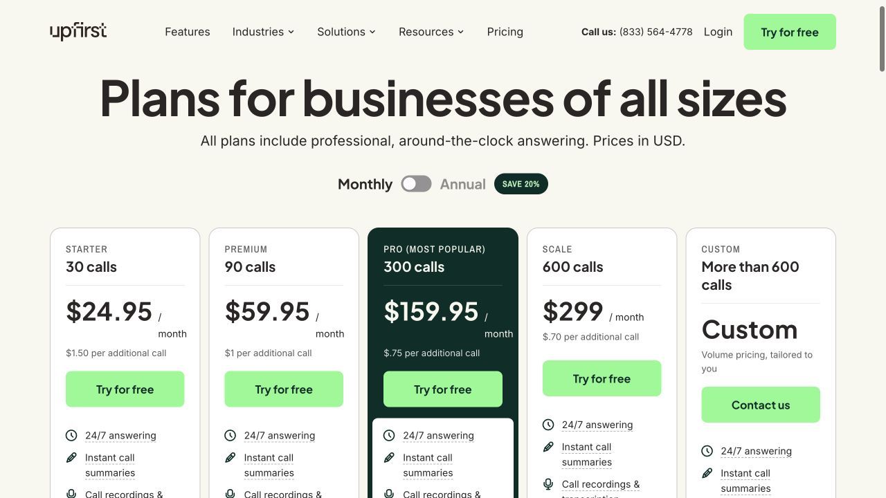 Upfirst pricing and usage allowances for AI receptionists with call routing