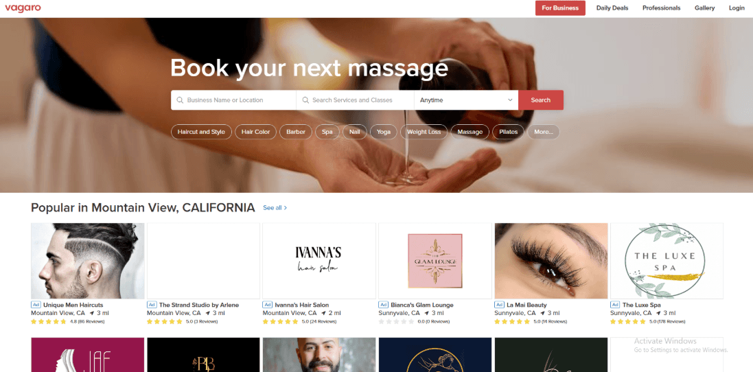 Vagaro homepage appointment booking headline