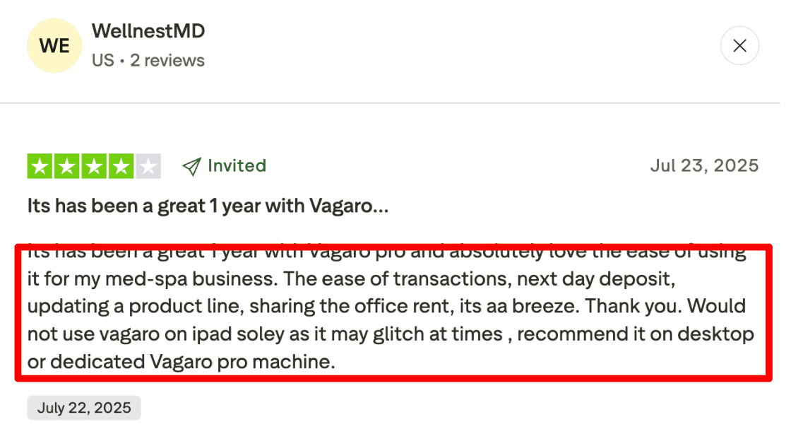 Vagaro deposits review screenshot