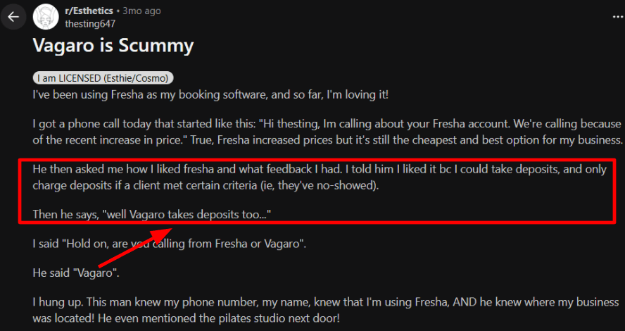 Reddit complaint about Vagaro calls
