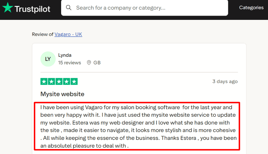 Trustpilot praise for Vagaro MySite