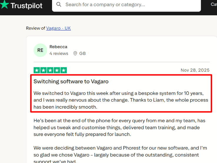 Trustpilot note on Vagaro onboarding