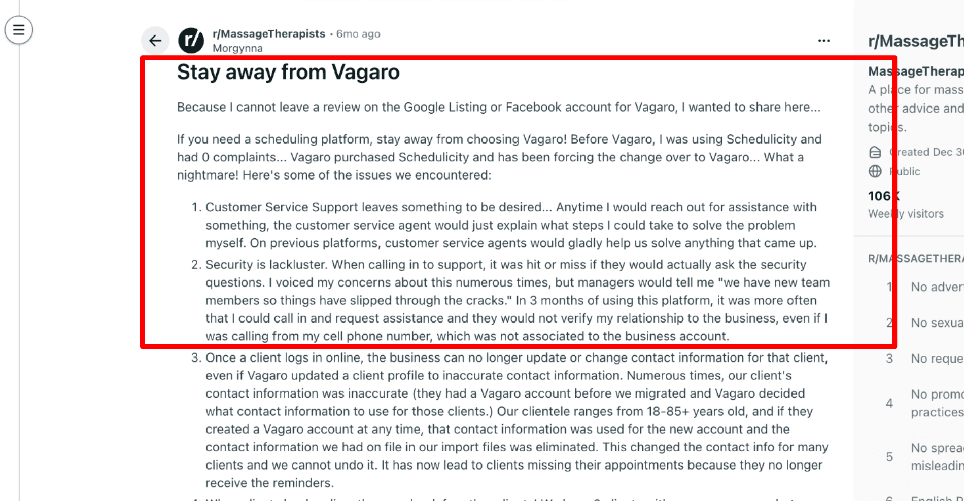 Vagaro Reddit support complaint