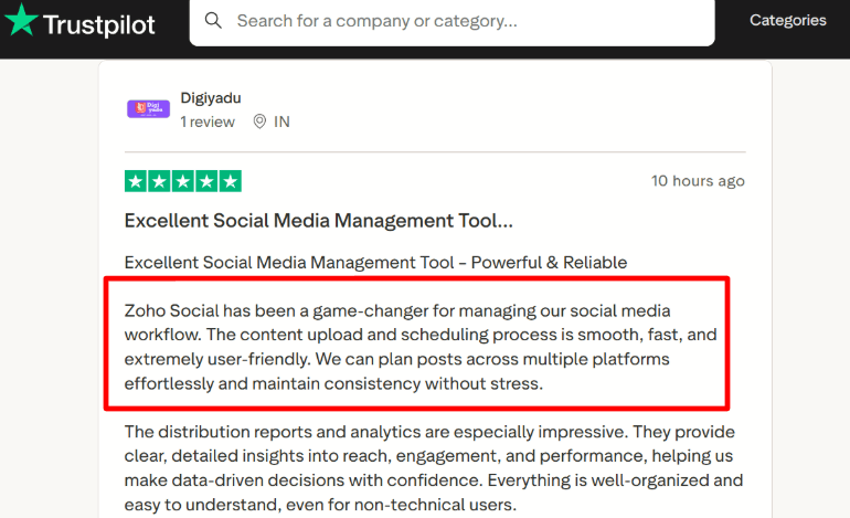 Zoho Trustpilot review screenshot